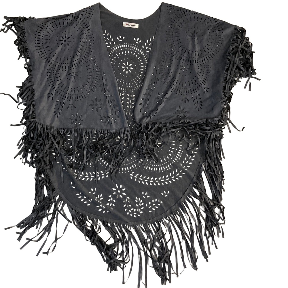 Persun Blueish Grey Fringe Shawl‎ With Laser Cut Design Open Front Style Western